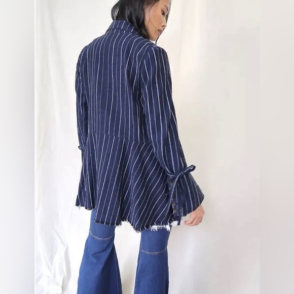 Free People Coat Jacket Stella Blazer Double Breast Fray Hem Stripe Navy S NEW - Picture 4 of 7